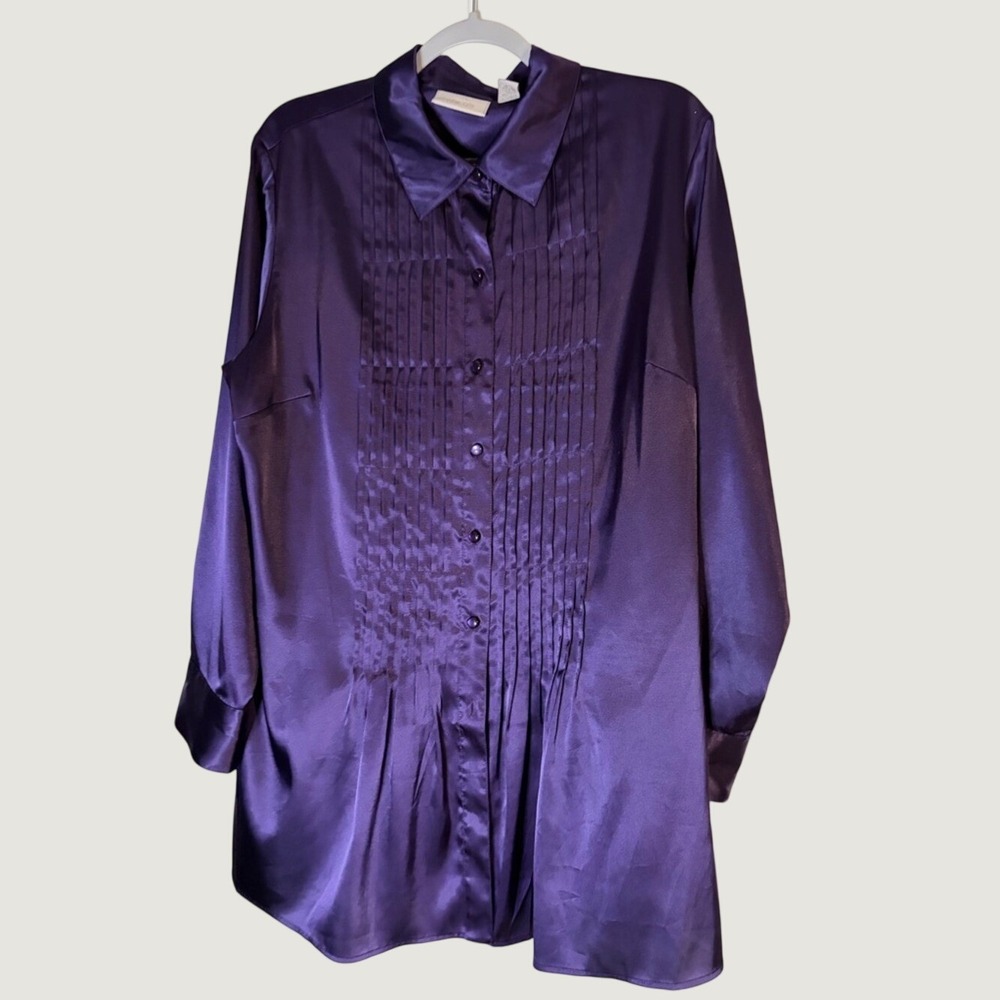 Chicos Purple Satin Pleated Bib Tunic Blouse Womens Size 3 Large Long Sleeve Top